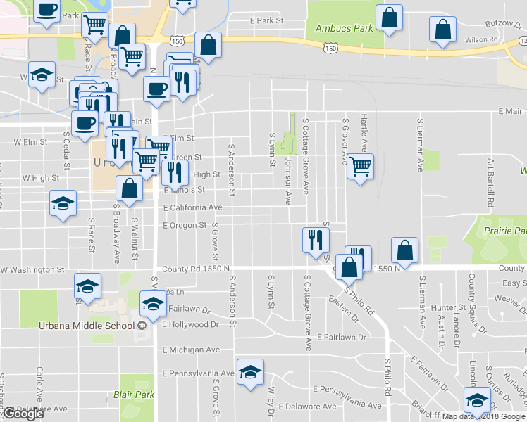 map of restaurants, bars, coffee shops, grocery stores, and more near 805 East California Avenue in Urbana