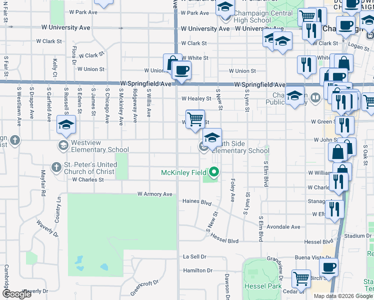 map of restaurants, bars, coffee shops, grocery stores, and more near 810 West Daniel Street in Champaign
