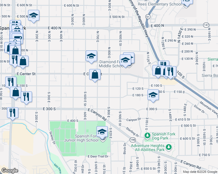 map of restaurants, bars, coffee shops, grocery stores, and more near 815 East 100 South in Spanish Fork