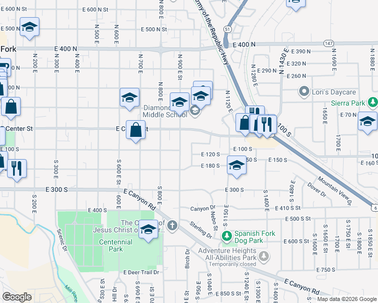 map of restaurants, bars, coffee shops, grocery stores, and more near 116 South 970 East Street in Spanish Fork