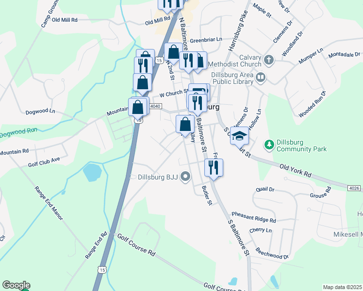 map of restaurants, bars, coffee shops, grocery stores, and more near 75 Gettysburg Street in Dillsburg