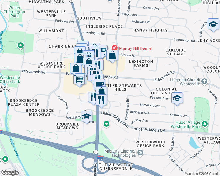 map of restaurants, bars, coffee shops, grocery stores, and more near 650 Hillsdowne Road in Westerville
