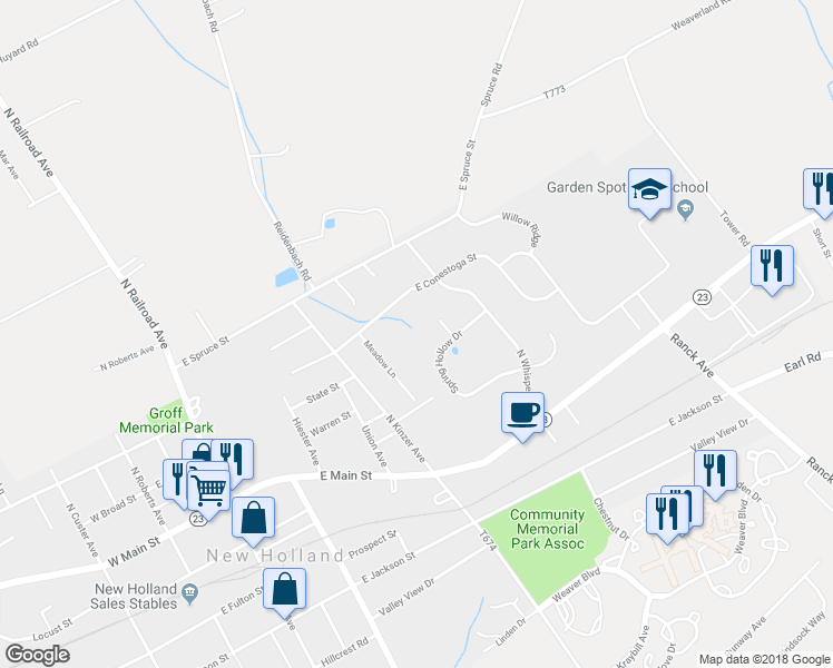 map of restaurants, bars, coffee shops, grocery stores, and more near 420 East Conestoga Street in New Holland