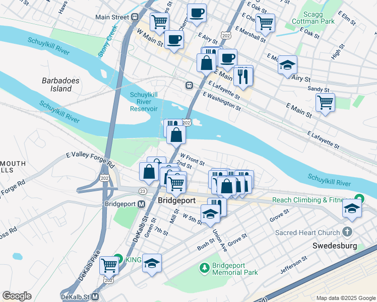 map of restaurants, bars, coffee shops, grocery stores, and more near 212 DeKalb Street in Bridgeport
