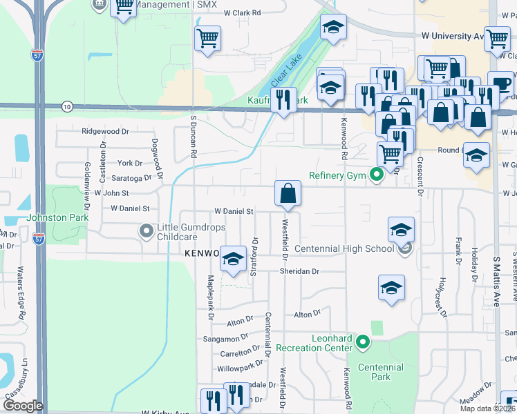 map of restaurants, bars, coffee shops, grocery stores, and more near 708 Stratford Dr in Champaign