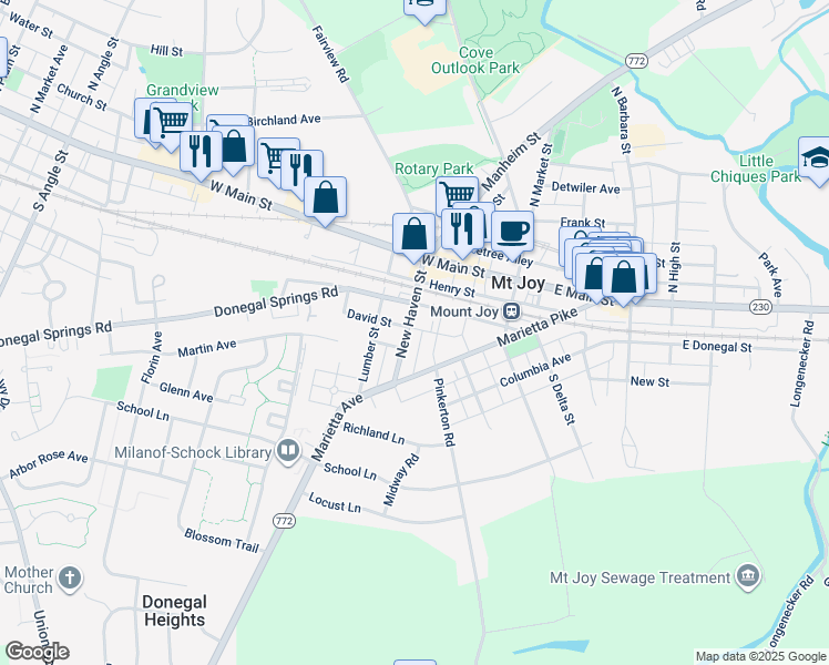 map of restaurants, bars, coffee shops, grocery stores, and more near 121 New Haven Street in Mount Joy