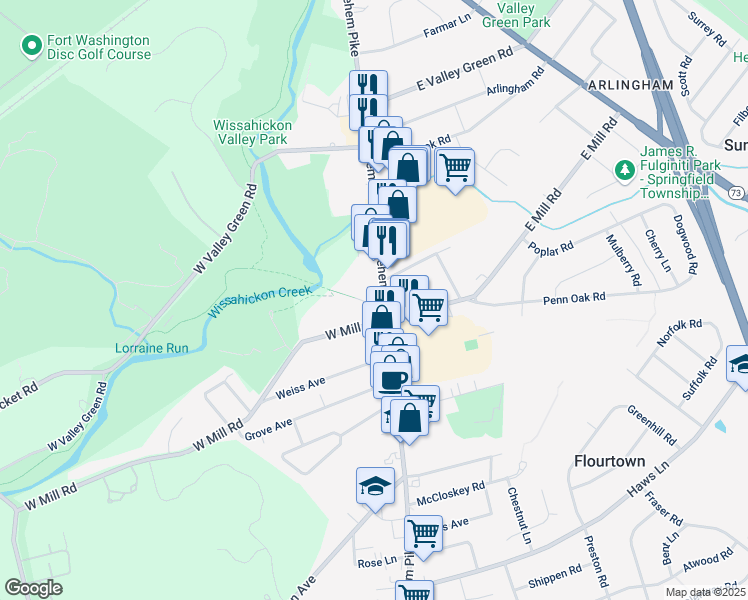 map of restaurants, bars, coffee shops, grocery stores, and more near 1717 Bethlehem Pike in Flourtown