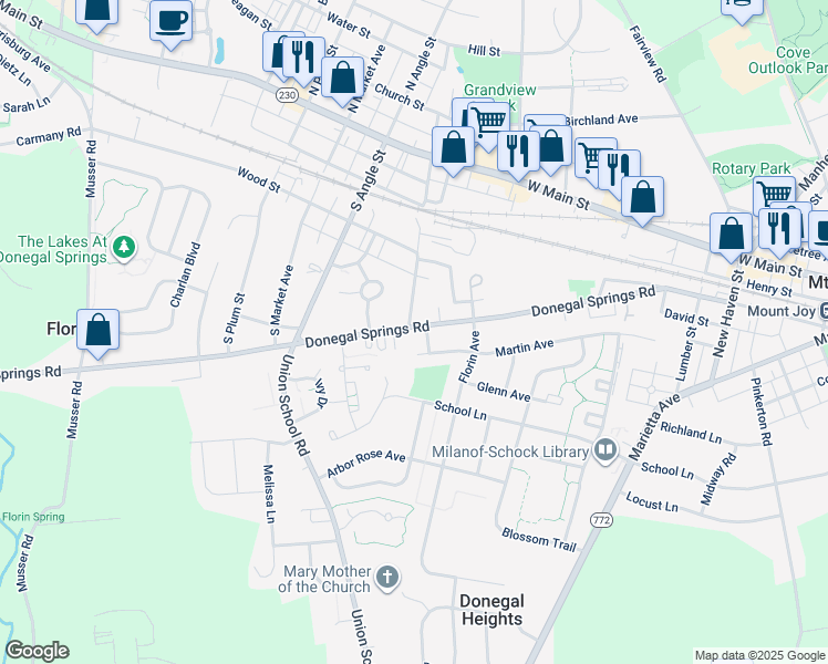 map of restaurants, bars, coffee shops, grocery stores, and more near 600 Donegal Springs Road in Mount Joy