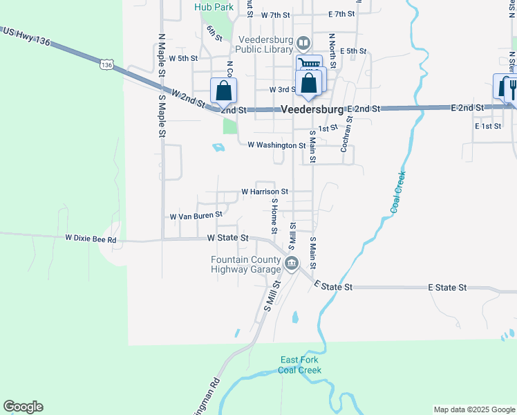 map of restaurants, bars, coffee shops, grocery stores, and more near 313 West Van Buren Street in Veedersburg