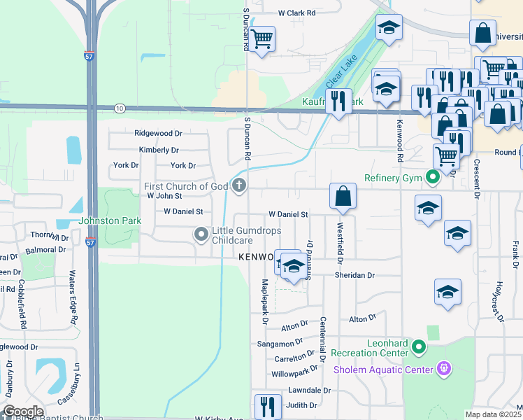 map of restaurants, bars, coffee shops, grocery stores, and more near 2912 West Daniel Street in Champaign