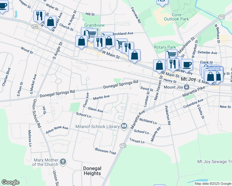 map of restaurants, bars, coffee shops, grocery stores, and more near 415 Martin Avenue in Mount Joy