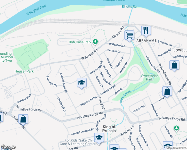 map of restaurants, bars, coffee shops, grocery stores, and more near 727 Suellen Drive in King of Prussia