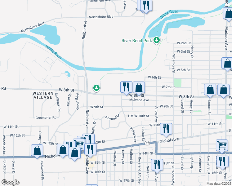 map of restaurants, bars, coffee shops, grocery stores, and more near 2114 West 8th Street in Anderson