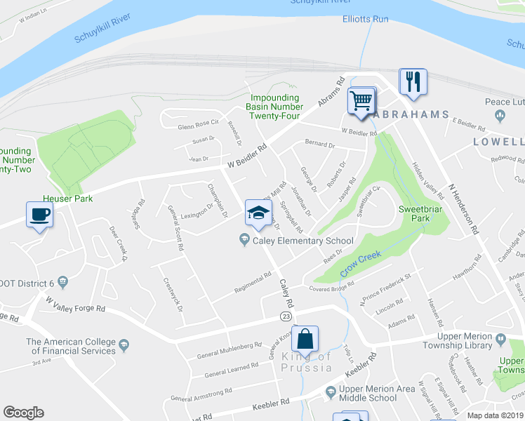 map of restaurants, bars, coffee shops, grocery stores, and more near 727 Suellen Drive in King of Prussia