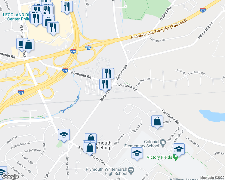 map of restaurants, bars, coffee shops, grocery stores, and more near 110 Carriage Court in Plymouth Meeting