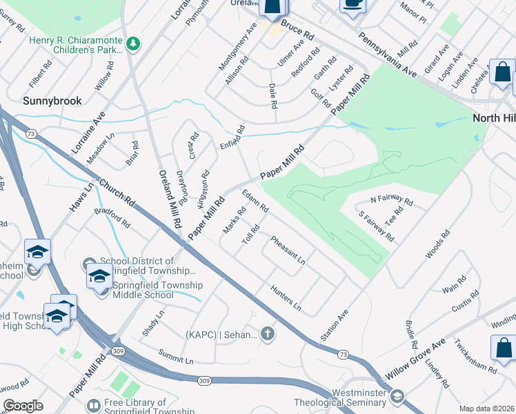 map of restaurants, bars, coffee shops, grocery stores, and more near 1104 Edann Road in Oreland