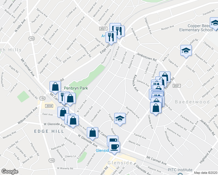 map of restaurants, bars, coffee shops, grocery stores, and more near 319 Roslyn Avenue in Glenside