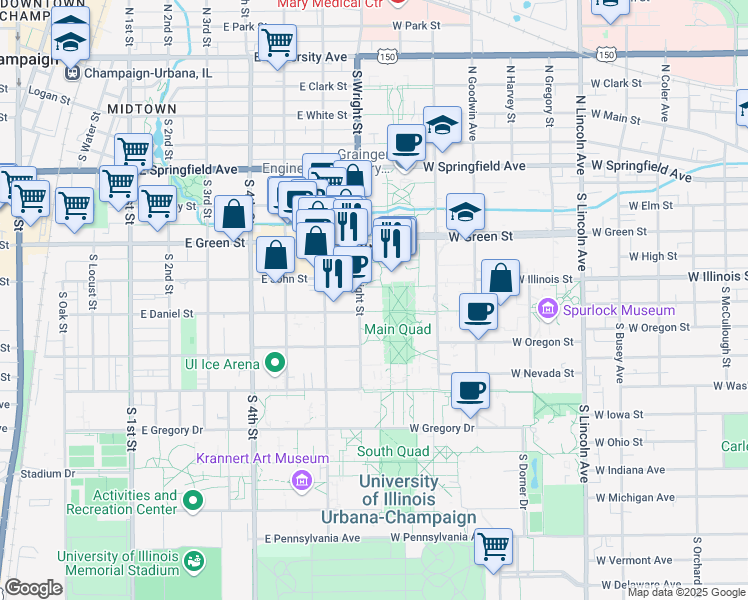 map of restaurants, bars, coffee shops, grocery stores, and more near 505 South Wright Street in Urbana