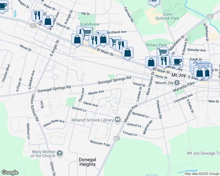 map of restaurants, bars, coffee shops, grocery stores, and more near 415 Martin Avenue in Mount Joy