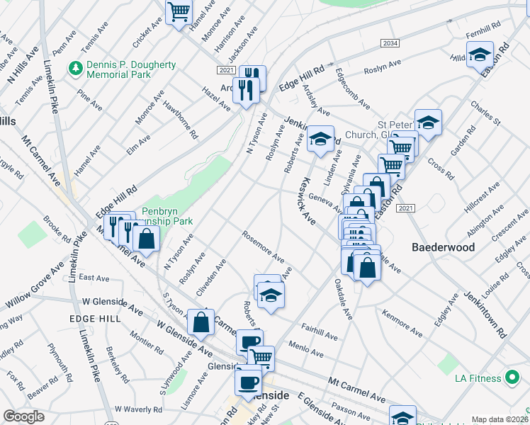 map of restaurants, bars, coffee shops, grocery stores, and more near 337 Cliveden Avenue in Glenside
