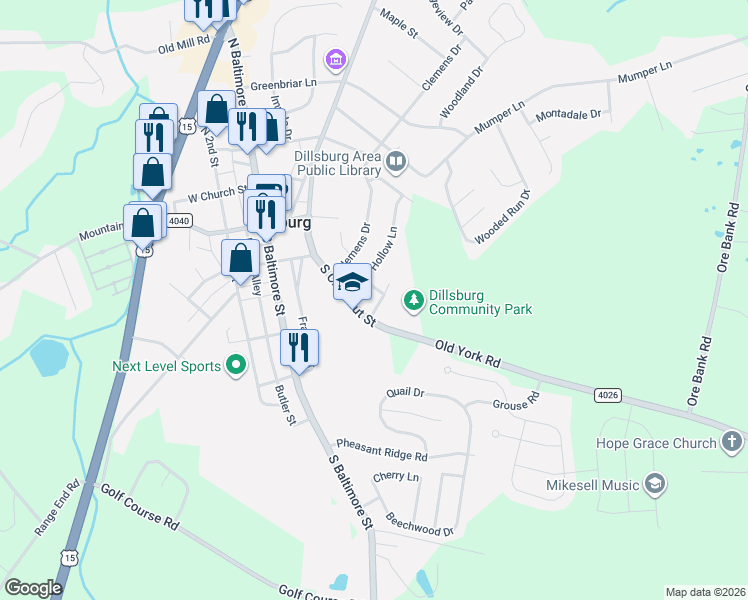 map of restaurants, bars, coffee shops, grocery stores, and more near 101 Hollow Ln in Dillsburg