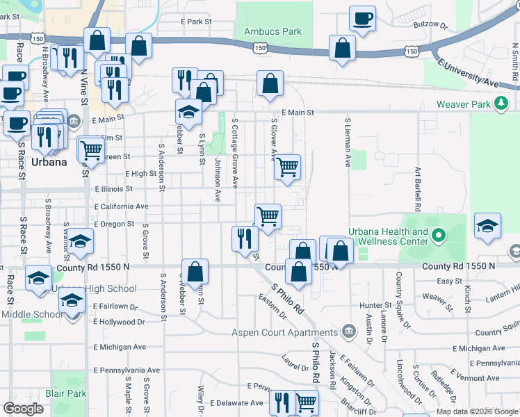 map of restaurants, bars, coffee shops, grocery stores, and more near 604 South Poplar Street in Urbana