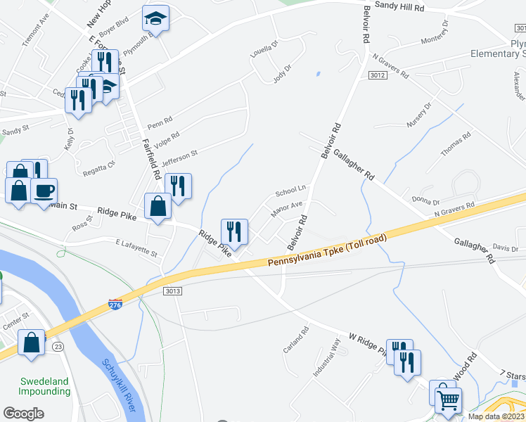 map of restaurants, bars, coffee shops, grocery stores, and more near 376 School Ln in Plymouth Meeting