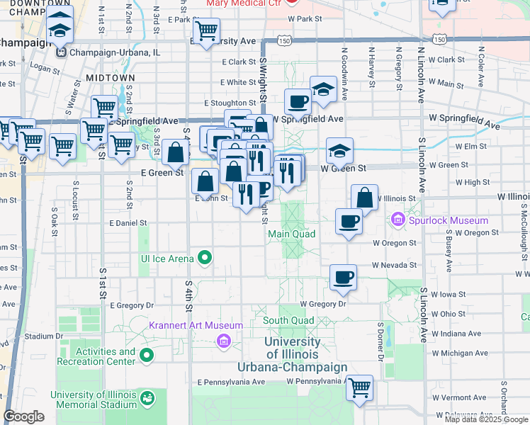 map of restaurants, bars, coffee shops, grocery stores, and more near 306 South Wright Street in Urbana