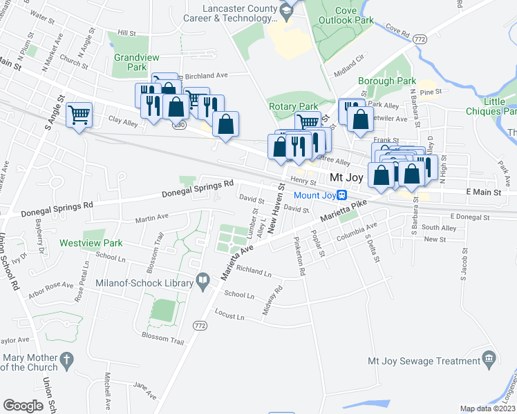 map of restaurants, bars, coffee shops, grocery stores, and more near 124 David Street in Mount Joy