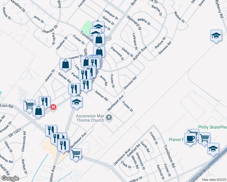 map of restaurants, bars, coffee shops, grocery stores, and more near 1038 Foster Street in Philadelphia