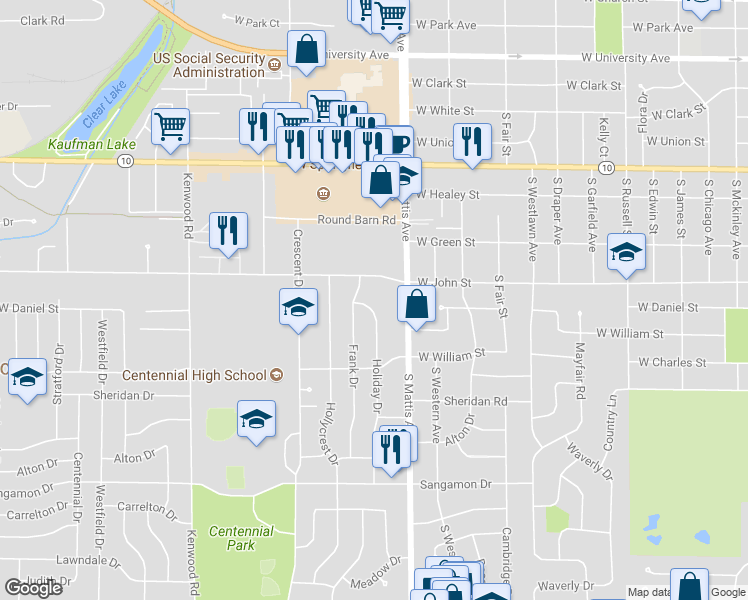 map of restaurants, bars, coffee shops, grocery stores, and more near 806 Holiday Drive in Champaign