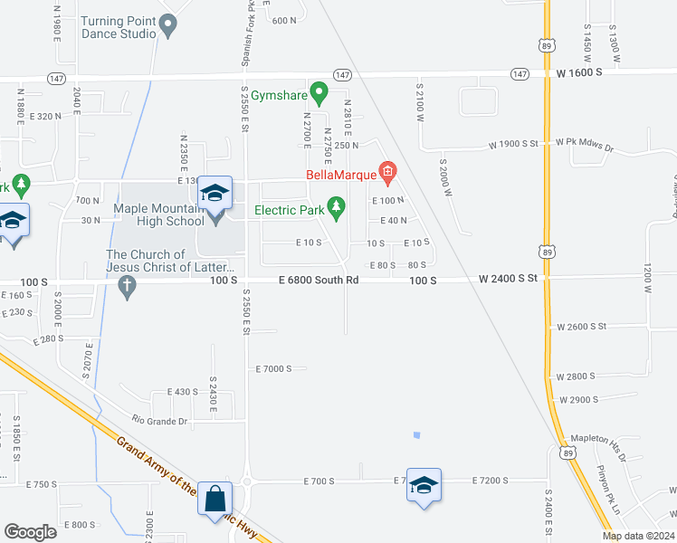 map of restaurants, bars, coffee shops, grocery stores, and more near 2792 East 80 South in Spanish Fork
