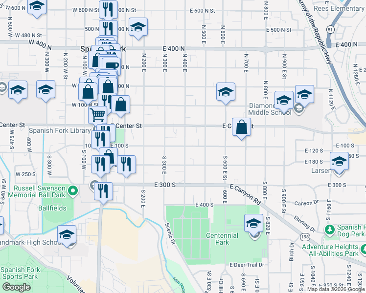 map of restaurants, bars, coffee shops, grocery stores, and more near 385 East 100 South in Spanish Fork