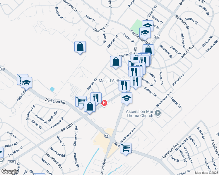 map of restaurants, bars, coffee shops, grocery stores, and more near 10170 Ferndale Street in Philadelphia