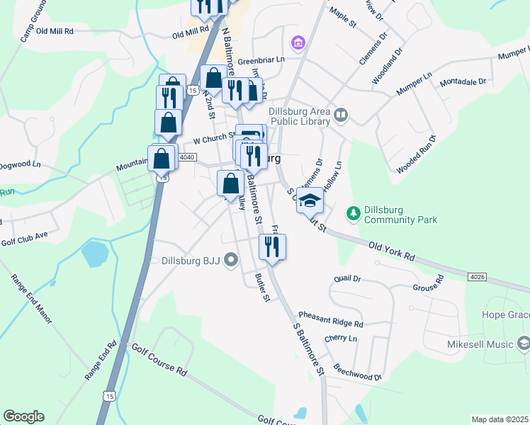 map of restaurants, bars, coffee shops, grocery stores, and more near 129 Franklin Street in Dillsburg