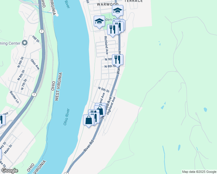 map of restaurants, bars, coffee shops, grocery stores, and more near 510 1/2 Richland Avenue in Wheeling