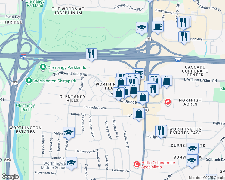 map of restaurants, bars, coffee shops, grocery stores, and more near 300 Corporate Hill Parkway in Worthington