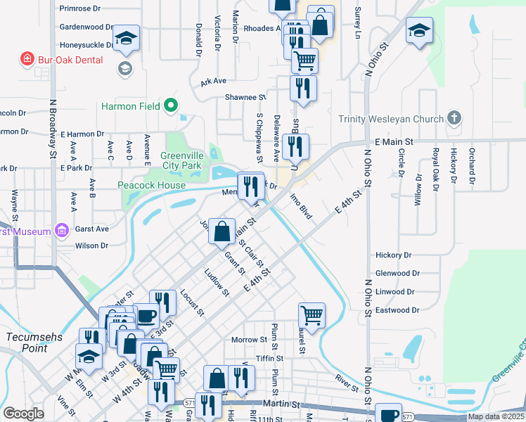 map of restaurants, bars, coffee shops, grocery stores, and more near 903 East Main Street in Greenville
