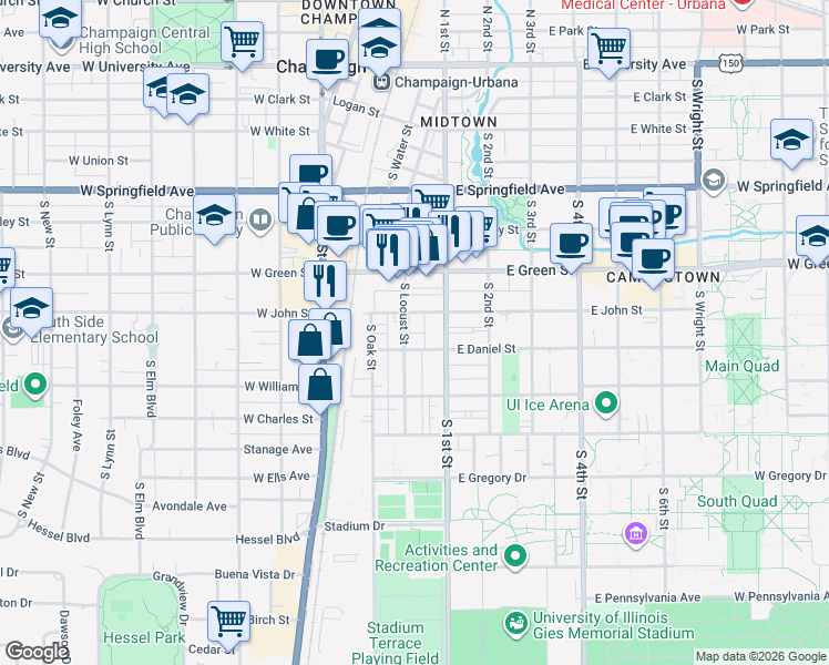 map of restaurants, bars, coffee shops, grocery stores, and more near 805 South Locust Street in Champaign