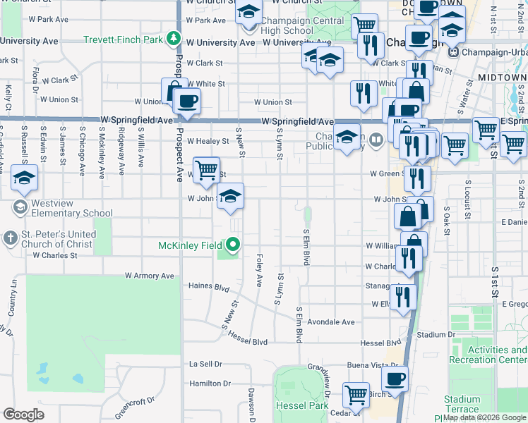 map of restaurants, bars, coffee shops, grocery stores, and more near 706 Foley Avenue in Champaign
