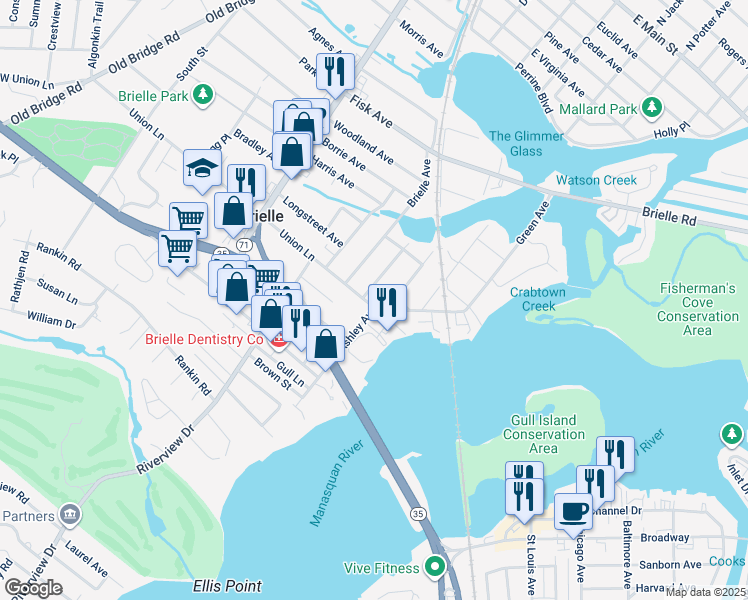 map of restaurants, bars, coffee shops, grocery stores, and more near 632 Cedarcrest Drive in Brielle