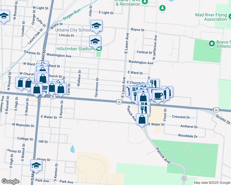 map of restaurants, bars, coffee shops, grocery stores, and more near 567 East Court Street in Urbana