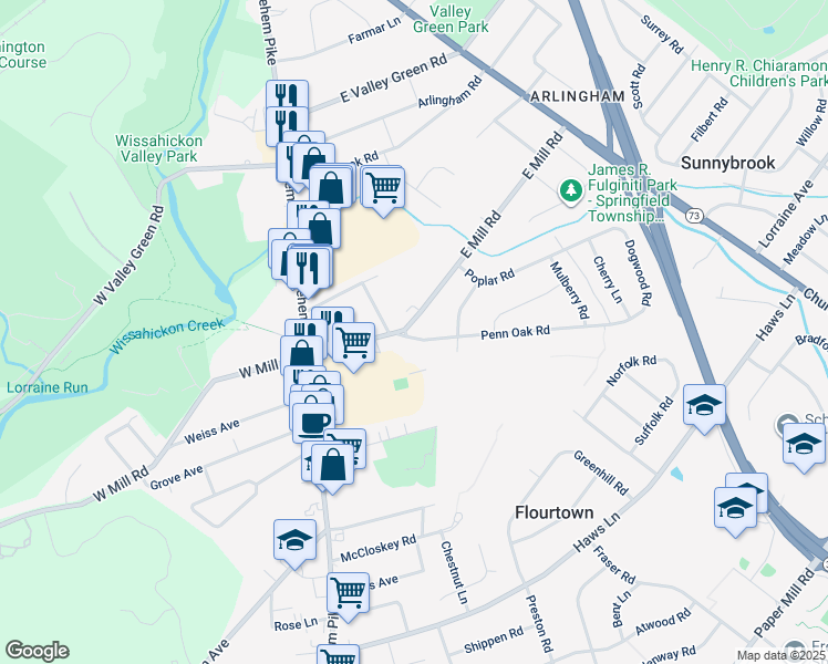 map of restaurants, bars, coffee shops, grocery stores, and more near 100 East Mill Road in Flourtown