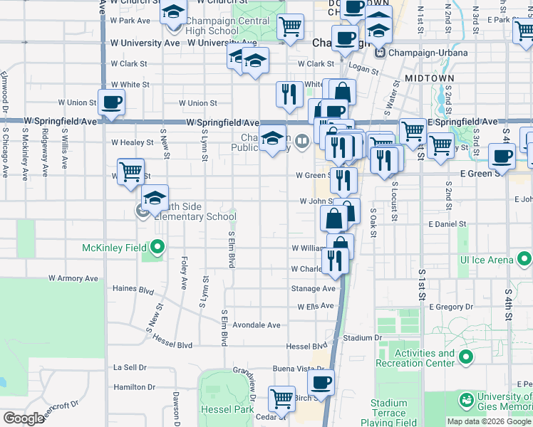 map of restaurants, bars, coffee shops, grocery stores, and more near 708 South Prairie Street in Champaign