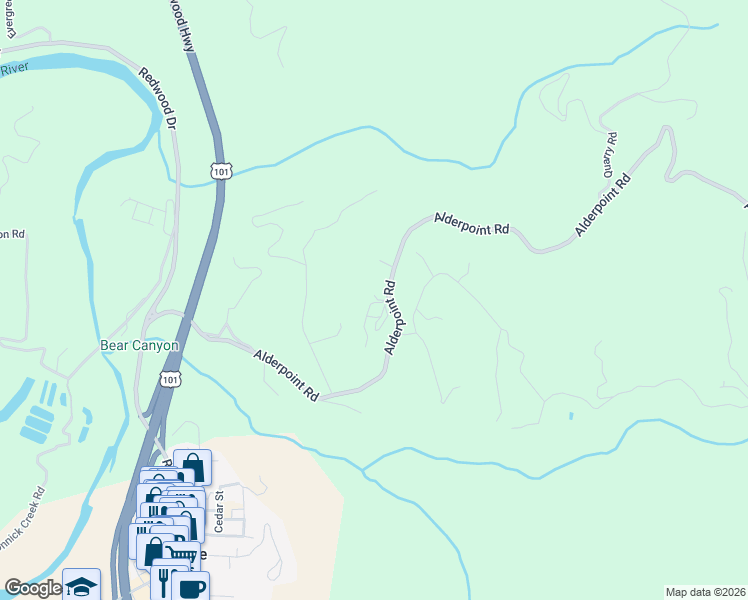 map of restaurants, bars, coffee shops, grocery stores, and more near 743 Alderpoint Road in Garberville