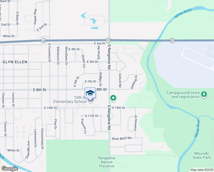 map of restaurants, bars, coffee shops, grocery stores, and more near 3308 East 8th Street in Anderson
