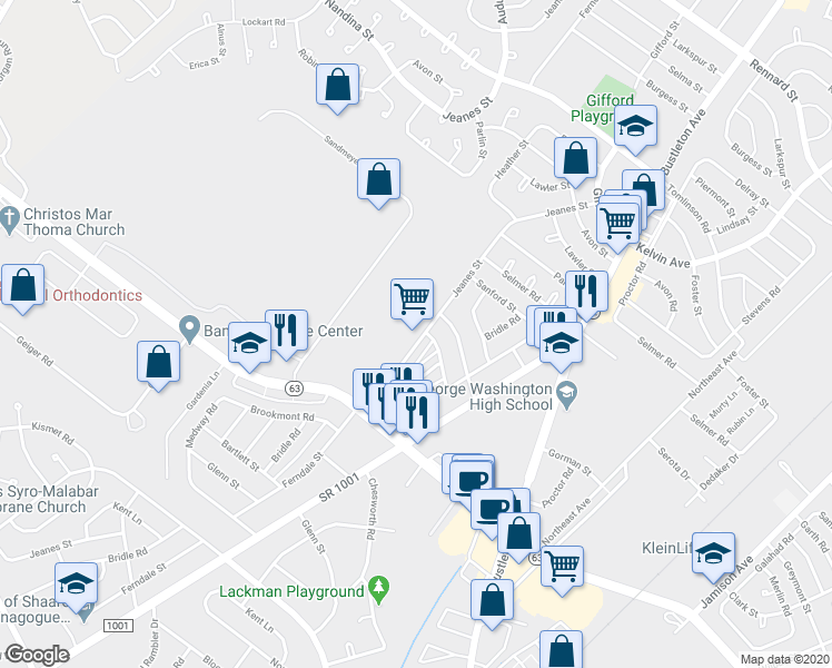 map of restaurants, bars, coffee shops, grocery stores, and more near 10056 Jeanes Street in Philadelphia