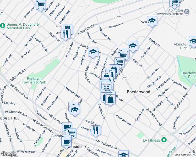 map of restaurants, bars, coffee shops, grocery stores, and more near 2346 Geneva Ave in Glenside