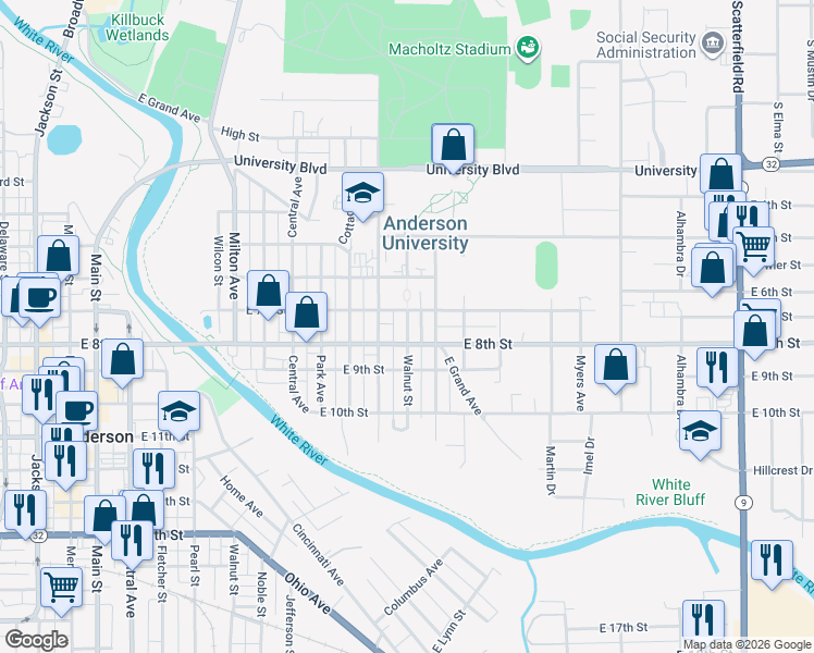 map of restaurants, bars, coffee shops, grocery stores, and more near 714 Walnut Street in Anderson