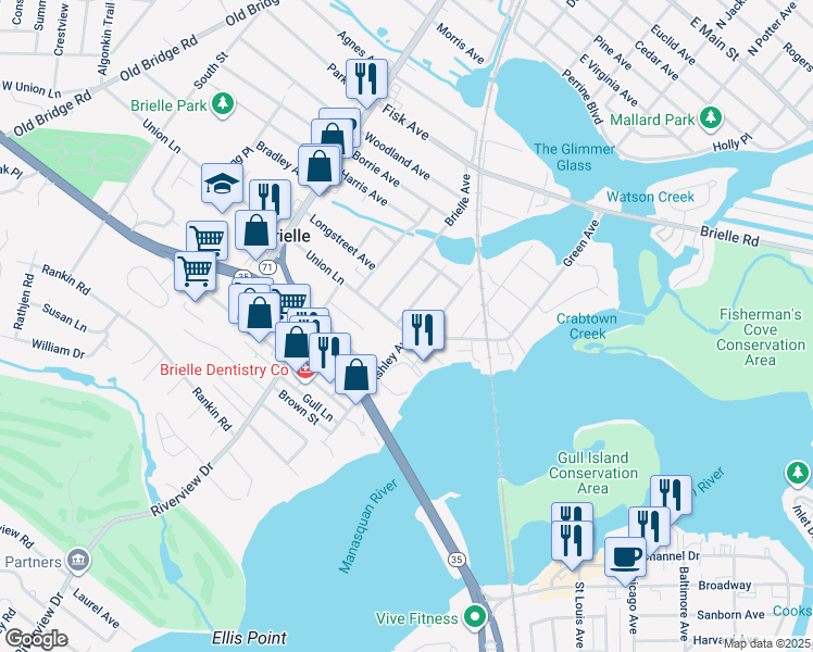 map of restaurants, bars, coffee shops, grocery stores, and more near 632 Cedarcrest Drive in Brielle